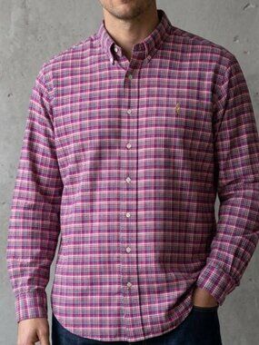 Ralph Lauren Button Down Shirt Pink Blue Plaid Pony Logo Men's 2XB XXL Big Man